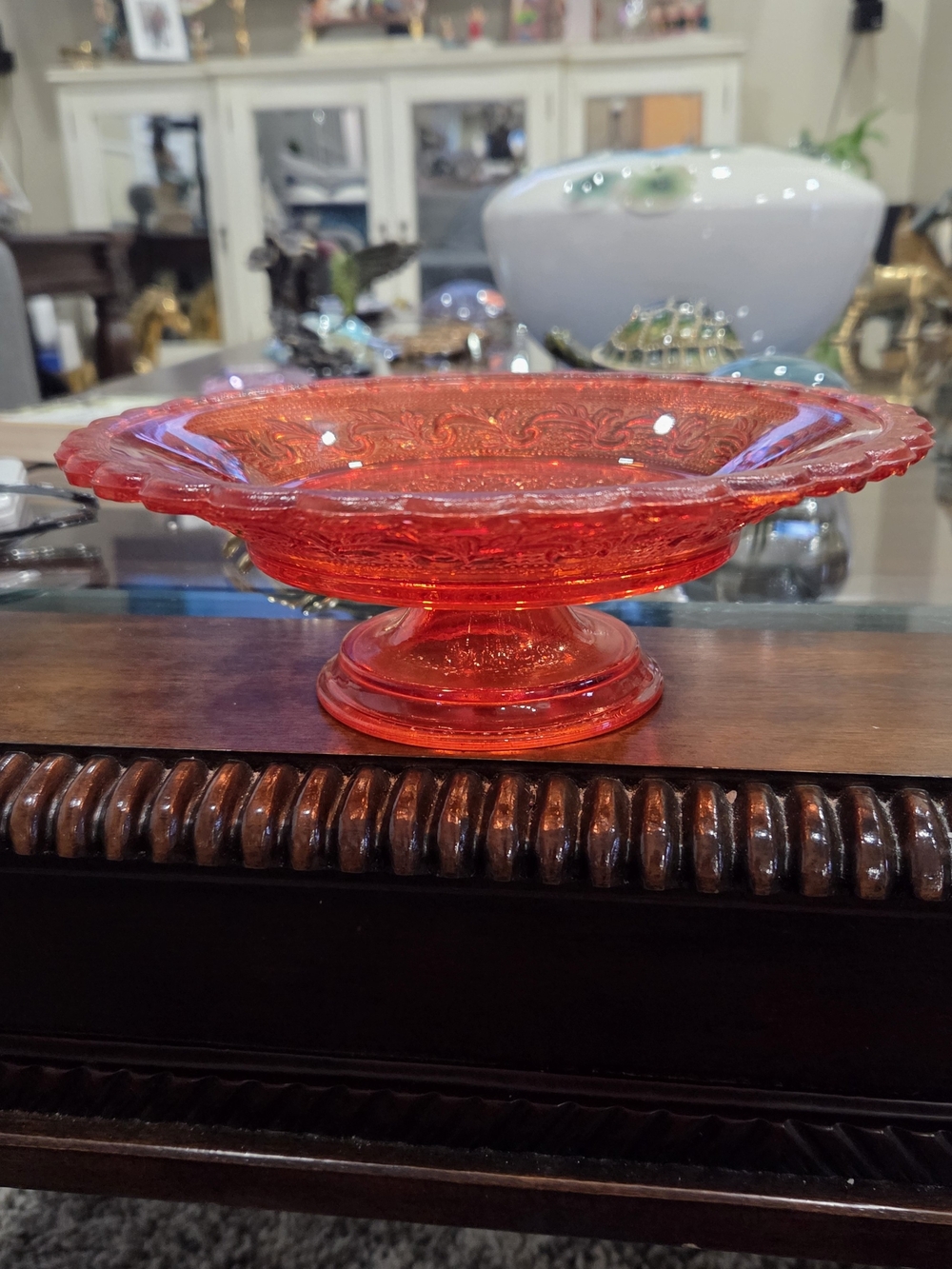 Vintage Red Orange  Decorative Glass Compote Bowl - Brand Unknown